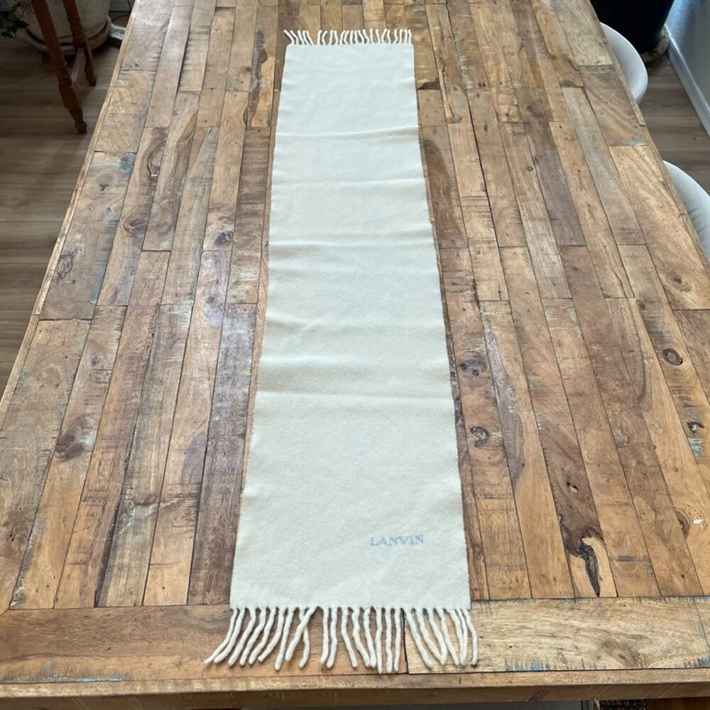 Vintage Lanvin Cream Wool Scarf Embroidered Blue Logo w/ Fringe Edge